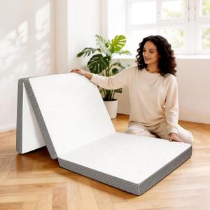 Tri-Folding Mattress, 3 Inch Portable Folding Mattress Topper with a Collapsible and Washable Cover, Portable Floor Bed for Travel, Fold Up Guest Bed, Camping and Yoga (Single, White)