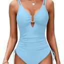 BMJL Women's Tummy Control Swimsuits Ruched One Piece Bathing Suit Double Straps Deep V Neck Drawstring Swimsuit, Size L