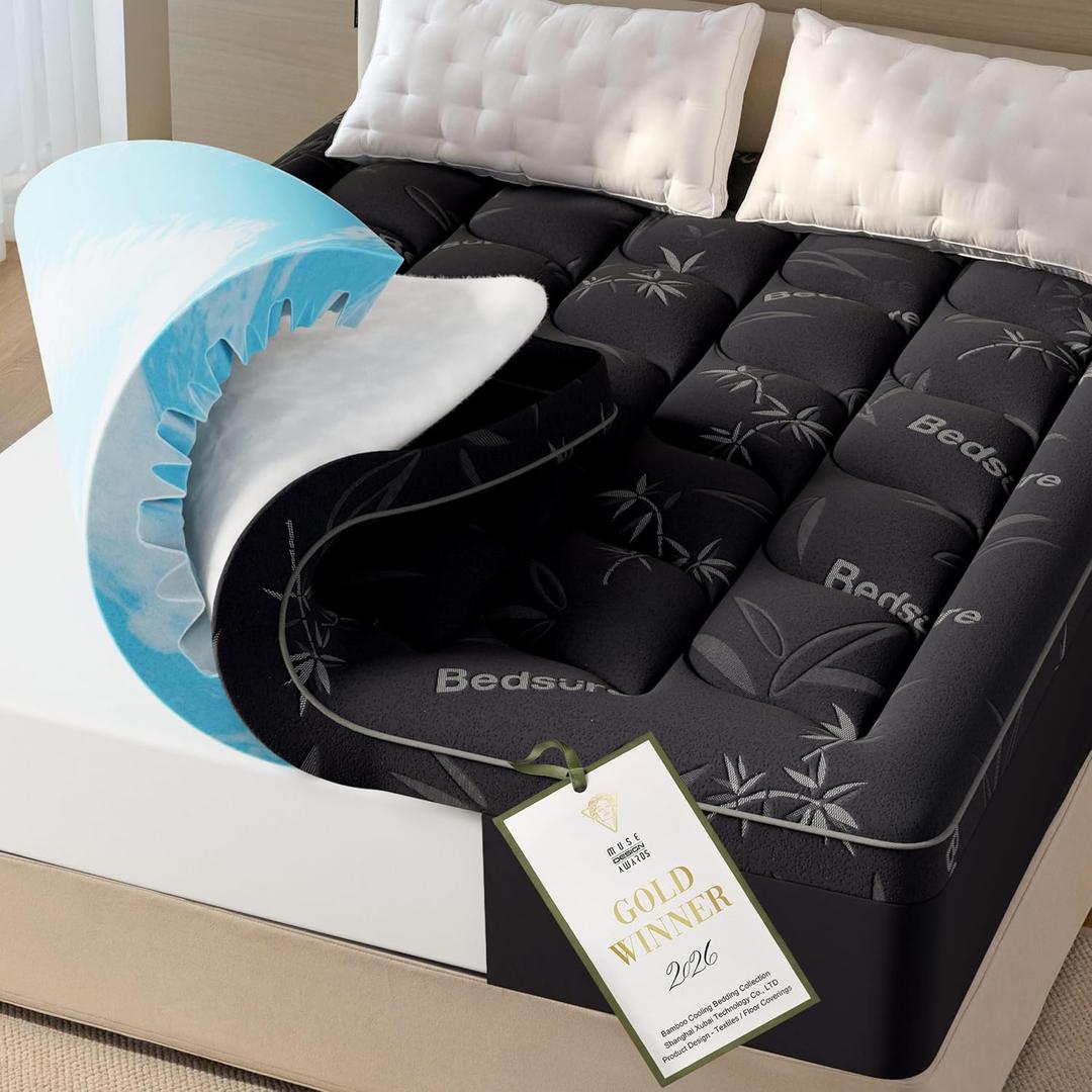 Bedsure Dual-Layer 5 Inch Memory Foam Mattress Topper Full Size, 3 Inch Memory Foam + 2 Inch Viscose Made from Bamboo Mattress Topper Pad Cover, Breathable & Pressure Relief, Black