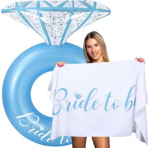 Bride Diamond Ring Pool Float & Towel Set Bachelorette Party Decor Inflatable Diamond Pool Float Bridal Shower Gift Engagement Party Favors Swimming Tube River Wedding Photo Prop Blue 53 x 40"
