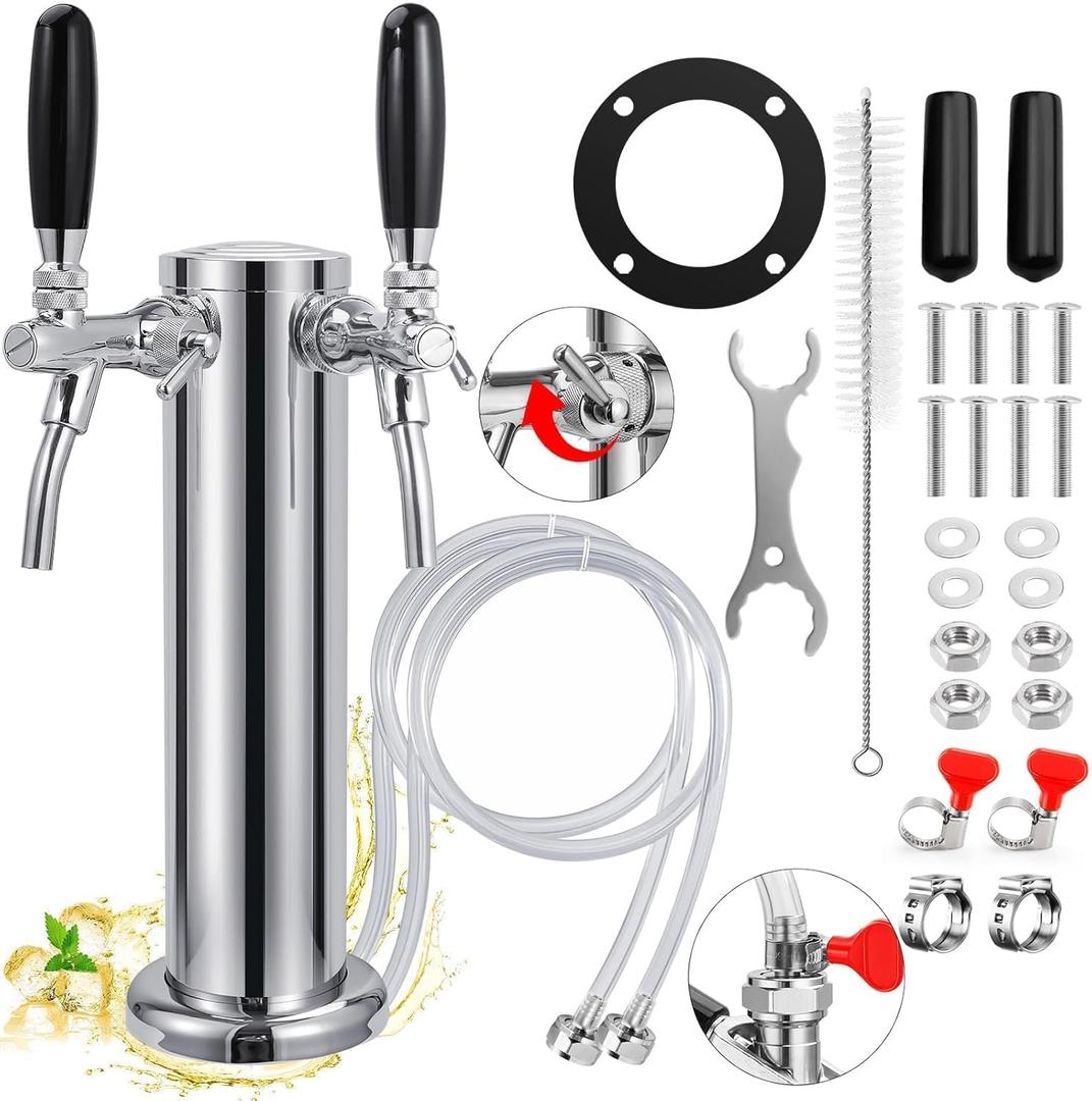New Adjustable Dual Tap Kegerator Tower Beer Tap Tower with 1/4 Barb, 3" Draft Beer Dispenser Keg Tower, 304 Stainless Steel Core Self-Closing Beer Faucet with Pre-Assembled Kegerator Parts Kits