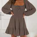 LILLUSORY Women's Long Sleeve Mini Cottagecore Dresses 2026 Fall Outfits Square Neck Casual Flowy Short Dress Fashion (Medium, Brown)