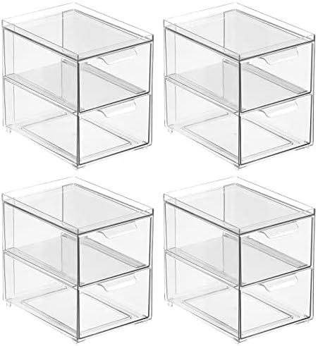 mDesign Stackable Storage Containers Box with 2 Pull-Out Drawers - Stacking Plastic Drawer Bins for Closet Organization, Linen, Coat, Bedroom or Entryway Closets - Lumiere Collection - 4 Pack, Clear