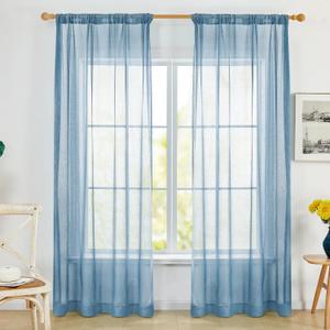 Deconovo Linen Sheer Curtains - Rod Pocket Semi Sheer Window Treatments, Light Filtering Drapes for Living Room & Bedroom, Privacy Balance, Flax Sheer Drapes, 2 Panels, Light Blue, 52W x 84L Inch