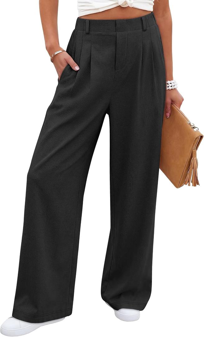 ANRABESS Women Wide Leg Pants Stretchy Work Dress Pants Waffle Knit Business Casual Pull on Palazzo Slacks Trousers Outfits Black Medium (Black, M)