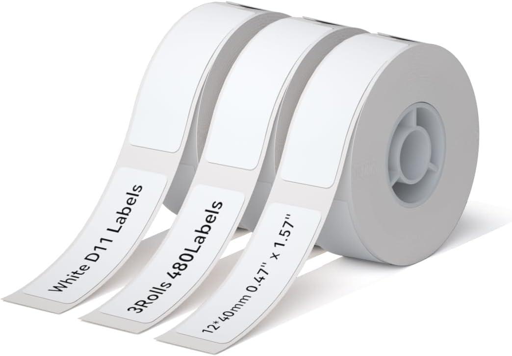 NIIMBOT D11 Label Maker Tape Adhesive White Label Paper 0.47" X 1.57" (12 X 40mm) 155 Labels/Roll, Compatible for NIIMBOT D11 D110 Printer, Thermal Paper Black on White, 3-Roll