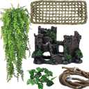 5 PCS Tank Accessories for Bearded Dragon Include Resin Classical Castle Reptile Climb Habitat Decor Hanging Jungle Vines Flexible Leaves Climbing Decor for Lizard Gecko Chameleon Spider
