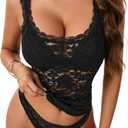Rooscier Women's Lace Sexy Lingerie Set See Through Spaghetti Strap Cami Top Thong Pajamas (Medium, Black)