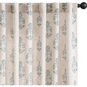 jinchan Linen Floral Curtains for Living Room 84 Inch Length Blue Flower Cottage Core Farmhouse Curtains Rod Pocket Back Tab Boho Semi Sheer Window Drapes Bedroom Set 2 Panels Blue on Beige