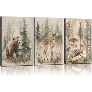 3 Pcs Woodland Animal Nursery Canvas wall art Wild Animals Forest Pictures Wall Decor Paintings hedgehog Bear Deer Watercolor Poster Prints for Boys Girls Room Home Artwork Decoration12inx16in canvas