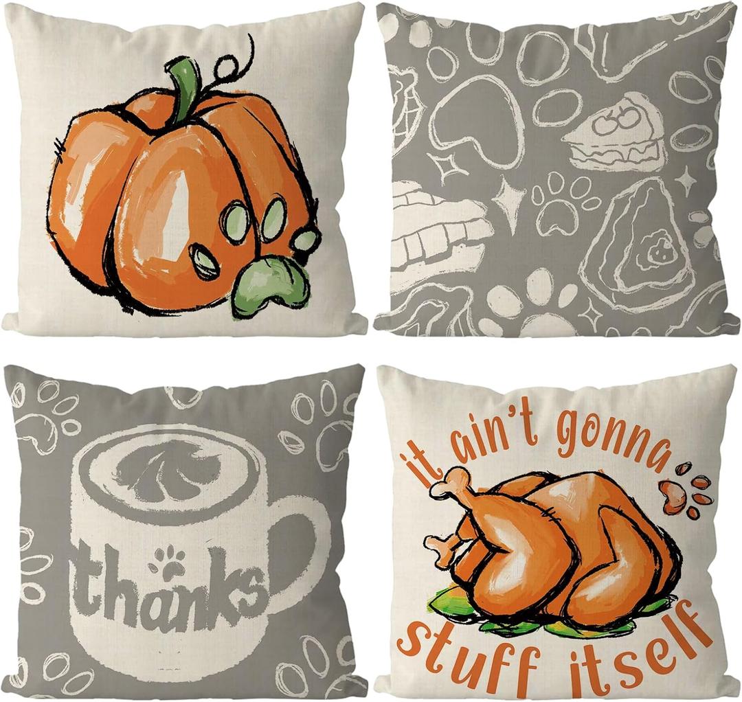 GAGEC Thanksgiving Pillow Covers 18x18 Inch Set of 4 Pumpkins Turkey Throw Pillowcase Thanksgiving Day Fall Autumn Pillowcase for Sofa Couch
