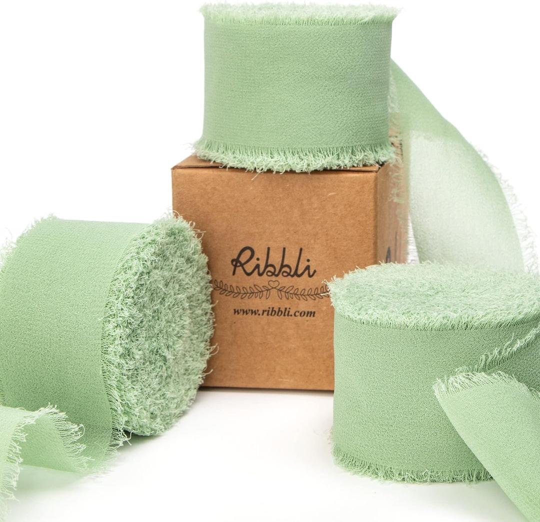 Ribbli Sage Green Chiffon Ribbon 1-1/2 inch x 30 Yard Handmade Fringe Chiffon Sage Silk Ribbon,Sage Ribbon for Wedding Invitations, Bridal Bouquets Wrapping, Flower Arrangement Decoration