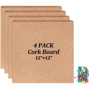 Cork Board Tiles 12"x12" - 1/2" Thick Bulletin Board Mini Wall with 50 Push Pins,Strong Self Adhesive Backing - 3 Pack