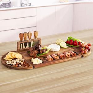 Large Acacia Wood Charcuterie Board Set, 25-inch 3-Piece Tray with 4 Knives & Magnetic Holder, Long Round Cheese & Appetizer Platter for Serving, Crackers, Snacks