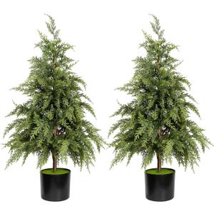 3FT Artificial Cedar Topiary Trees for Front Porch Decor Realistic Xmas Tree Shrubs Faux Cypress Greenery Fake Potted Plants for Outdoor Indoor Door Office Farmhouse Home Decoration (2, Green)