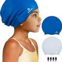 2 Pack Kids Extra Large Swim Cap for Long Thick Hair, Waterproof Silicone Swimming Cap for Toddler Child Youth Girls Boys, Durable Swim Hats Bathing Caps for Braids, Dreadlocks, Extensions, Afros