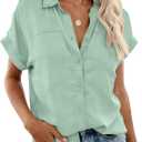 Rapbin Women's Button Down Shirt Short Sleeve Casual Blouse Shirts V Neck Collared Tops (Large, Solid_light Green)