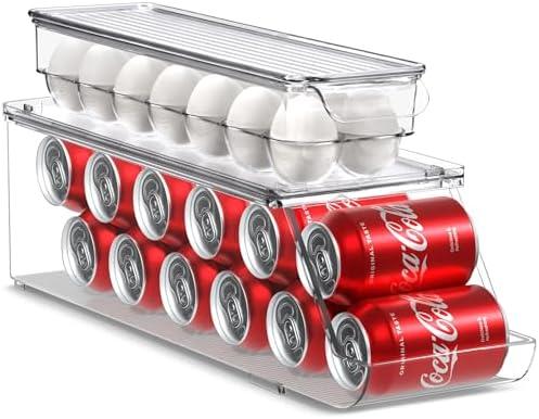Sorbus Soda Can Organizer for Refrigerator & Egg Holder for Fridge Set, 1 Stackable Can Holder Dispenser Holds 12 Cans Each & 1 Egg Holders with Lid holds 14 eggs for Fridge, Pantry, Freezer, BPA-Free