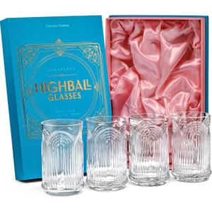 Vintage Art Deco 1920s Highball Cocktail Glasses | Set of 4 | 14 oz Tall Crystal Tumblers for Drinking Mojito, Whiskey Highball, Gin Rickey, Classic Long Bar Drinks | Large Hiball Glassware