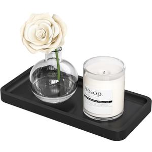 Weenson Small Bathroom Vanity Tray for Countertop Makeup Perfume Jewelry Decor Candle Keys, Small Black Kitchen Tray for Soap Dispenser Spice Bamboo Toilet Tray 7.9" L x 4" W x 0.79" H