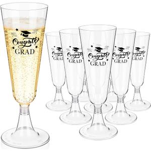 Domensi 24pcs 5 oz Plastic Graduation Champagne Flutes 2026 Congrats Grad Cups Disposable Shatterproof Cocktail Mimosa Glasses for Graduation Prom Party Favor(Black)