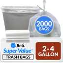 Reli. 2-4 Gallon Trash Bags | 2000 Bags | Clear | Bathroom | Strong | Garbage