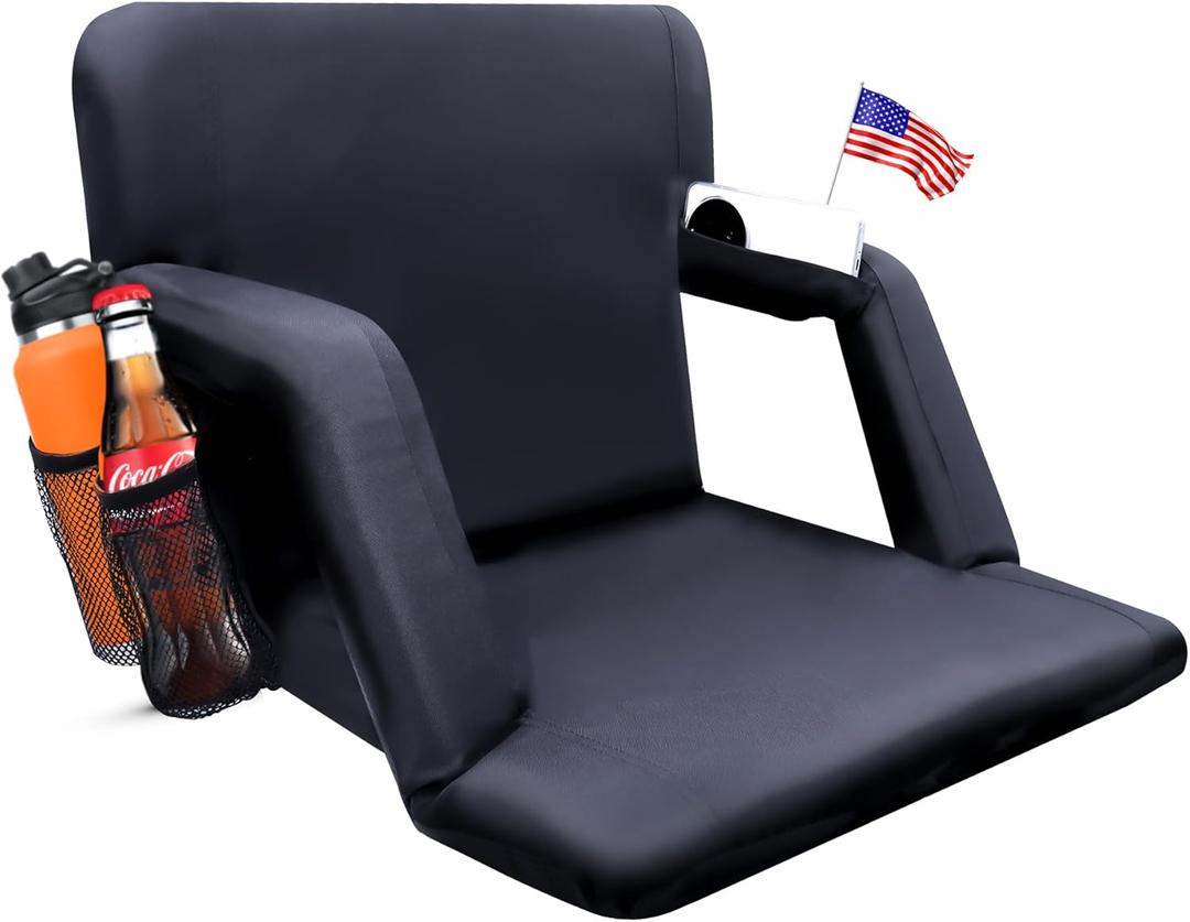 Stadium Seats for Bleachers Back Support - Wide Padded Cushion Portable Reclining Bleacher Seat Camping Stadium Chair Waterproof (Wide-22.5"-1 Pack, Black)