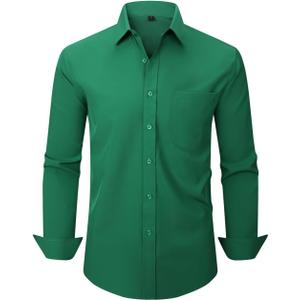 corfty Men Long Sleeve Dress Shirt - Regular Fit Stretch Free-Wrinkle Casual Button Down Shirt (Green, XXXL)