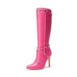 DREAM PAIRS Women's Metallic Stiletto Heeled Knee High Boots Sexy Fashion Pointed Toe Dress Boots with Stud and Zipper Tassel, Size 8, HOT PINK, SDKB2309W