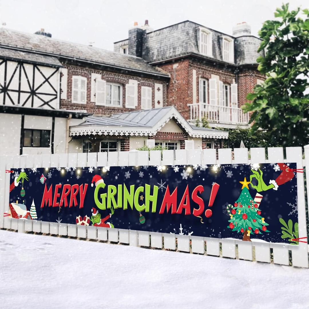 Large Merry Christmas Banner, Xmas Hanging Decorations Grinch Whoville Christmas tree Porch Sign Banner for Party Yard Outdoor & Indoor decor, 9.8 x 1.6 Feet