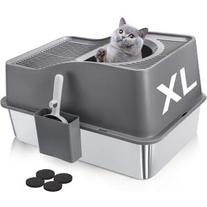 SOUJOY Stainless Steel Cat Litter Box with Lid, Extra Large Top Entry Litter Boxes for Big Cats, Enclosed Removable Metal Litter Box with Scoop and High Wall, Anti-Leakage, Easy Cleaning