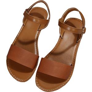 Verdusa Women's One Band Ankle Strap Flat Sandals Open Toe Walking Shoes (9.5, Brown)