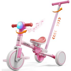 Ridego 5-in-1 Tricycle for Toddlers 2-5 Year Olds, Kids Balance Bike & Toddler Push Bike with Parent Handle, RGB Music Light, Tool-Free Assembly Birthday Gift for Boys Girls (Pink)