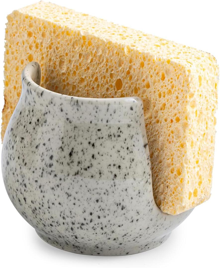 Sponge Holder for Kitchen Sink, Ceramic Dish Sponge Dish Rack Scrubby Caddy Kitchen Organizer Cute Sink Caddy Organizer, Farmhouse Decor, Speckled Glaze (Barrel)