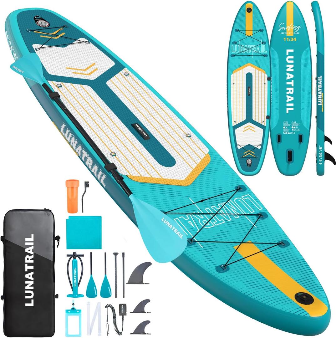 11'34" Extra Long/Extra Wide Premium Inflatable Stand Up Paddle Board (SUP)  Portable & Lightweight for Yoga, Surfing, Family Fun | Complete Kit with Paddle, Pump, Bag | Durable Design (Blue & White)