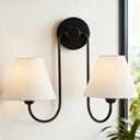 Linen Double Wall Sconce, Retro Swoop Wall Lamp with Aged Brass Metal Arms, 17" W x 16" D x 5" H