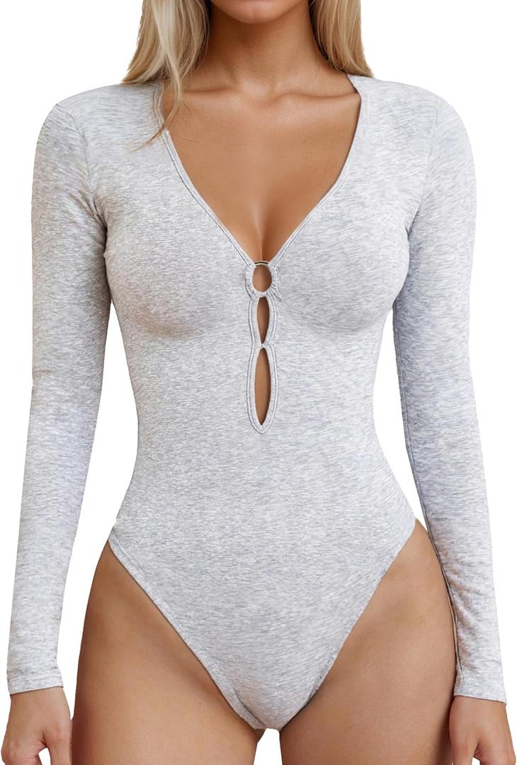 Women Deep V Neck Long Sleeve Bodysuit with Cutout Going Out Bodysuit Casual Stretchy Basic Bodysuit Tops, XL