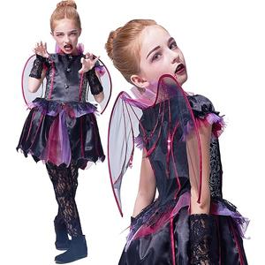 IKALI Halloween Vampire Bat Costume for Girls with Wings,Kids Gothic Darkness Fancy Dress Outfit