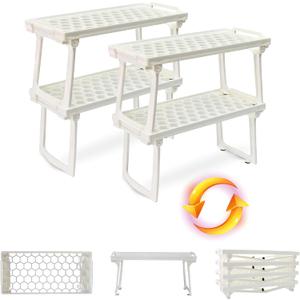 ums Kitchen Cabinet Shelf Organizers, White Plastic Stackable Freezer Rack, Shelf Riser, Usable Storage Rack for Your Spice, Refrigerator, Pantry (12 X 5.5 inch) Fridge Shelf Riser Pack of 4