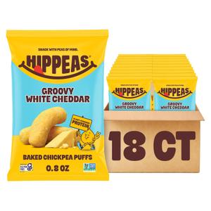 HIPPEAS Chickpea Puffs, Groovy White Cheddar, Gluten Free Snacks, Dairy Free, Vegan, 0.8oz, Pack of 18, 3g Protein, 2g Fiber, Crunchy, Nutritious, Baked Plant Protein Snack, Non-GMO, Kosher (EXP 12/03/27)