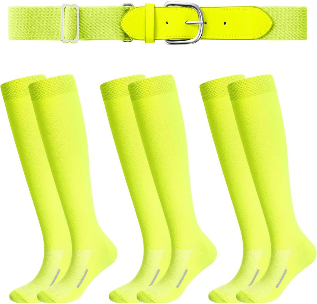 Haysandy Baseball or Softball Sock and Belt Combo Set 3 Football Baseball Socks with Softball Belt for Youth Boys Kids, Neon Yellow, Large