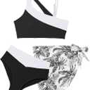 blibean Teen Girls Swimsuit Three Piece Cutout Bathing Suits Bikini Set Size 6-15 Years (Black, XXL)