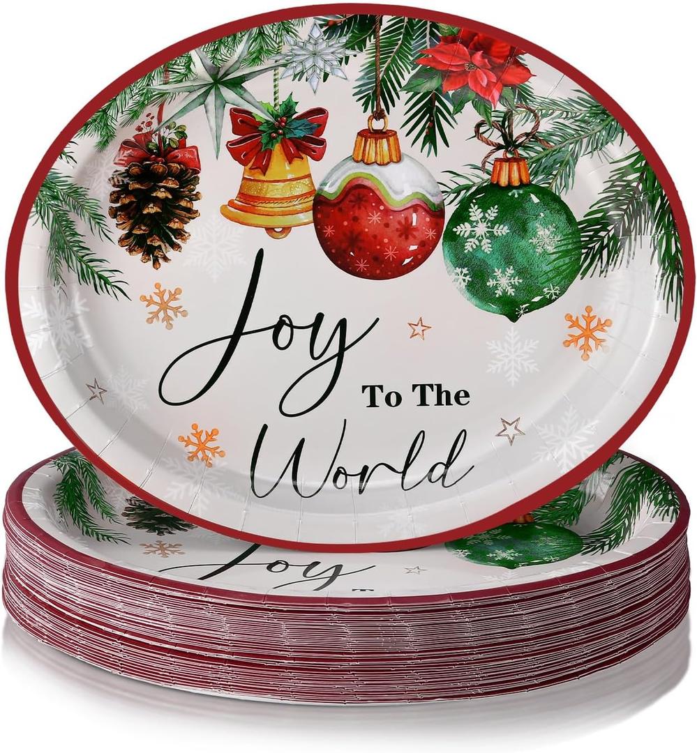 50 Pcs Christmas Oval Paper Plates 11'' Disposable Joy to the World Paper Plates Xmas Balls Tableware Large Christmas Snowflake Decorations for Winter Picnic Tea Party Supplies