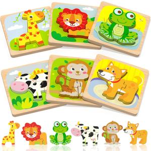 Benresive Wooden Toddler Puzzles, 6pcs Animal Montessori Toys for 1-3 Year Old Boys & Girls, Learning Educational Preschool Toys, Great Gifts for 1 2 3 Year Olds