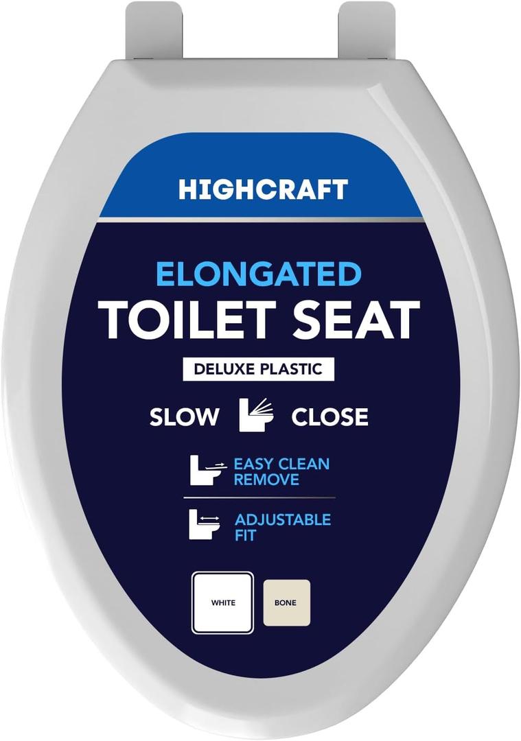 HIGHCRAFT Premium Elongated Toilet Seat with Slow-Close Design, Adjustable Hinges & Quick Removal Mechanism - Plastic Toilet Seat - Fits Standard Elongated Toilets - Oval Toilet Seat in White