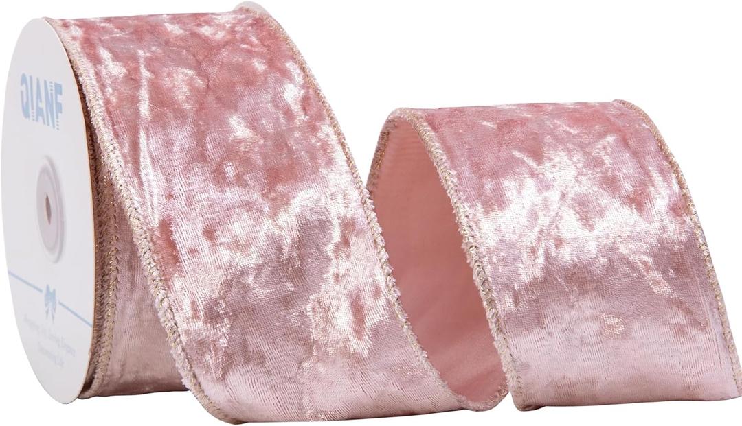 Pink Velvet Wired Edge Ribbon, 2.5 Inch x 10 Yards Crushed Velvet Christmas Ribbon for Christmas Tree Decoration Gift Wrapping Garland Wreaths Bows Making
