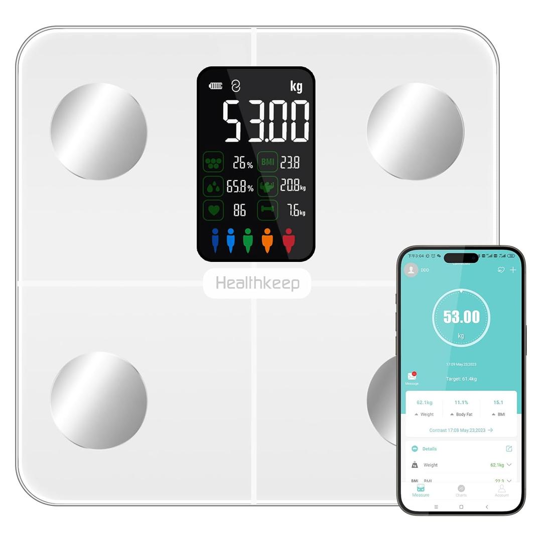 Healthkeep Body Fat Scale with Large VA Display, 15 Body Datas with Heart Rate, Smart Weight Scale Compatible with iOS & Android, Max 400lbs/ 180kg, 28cm, White