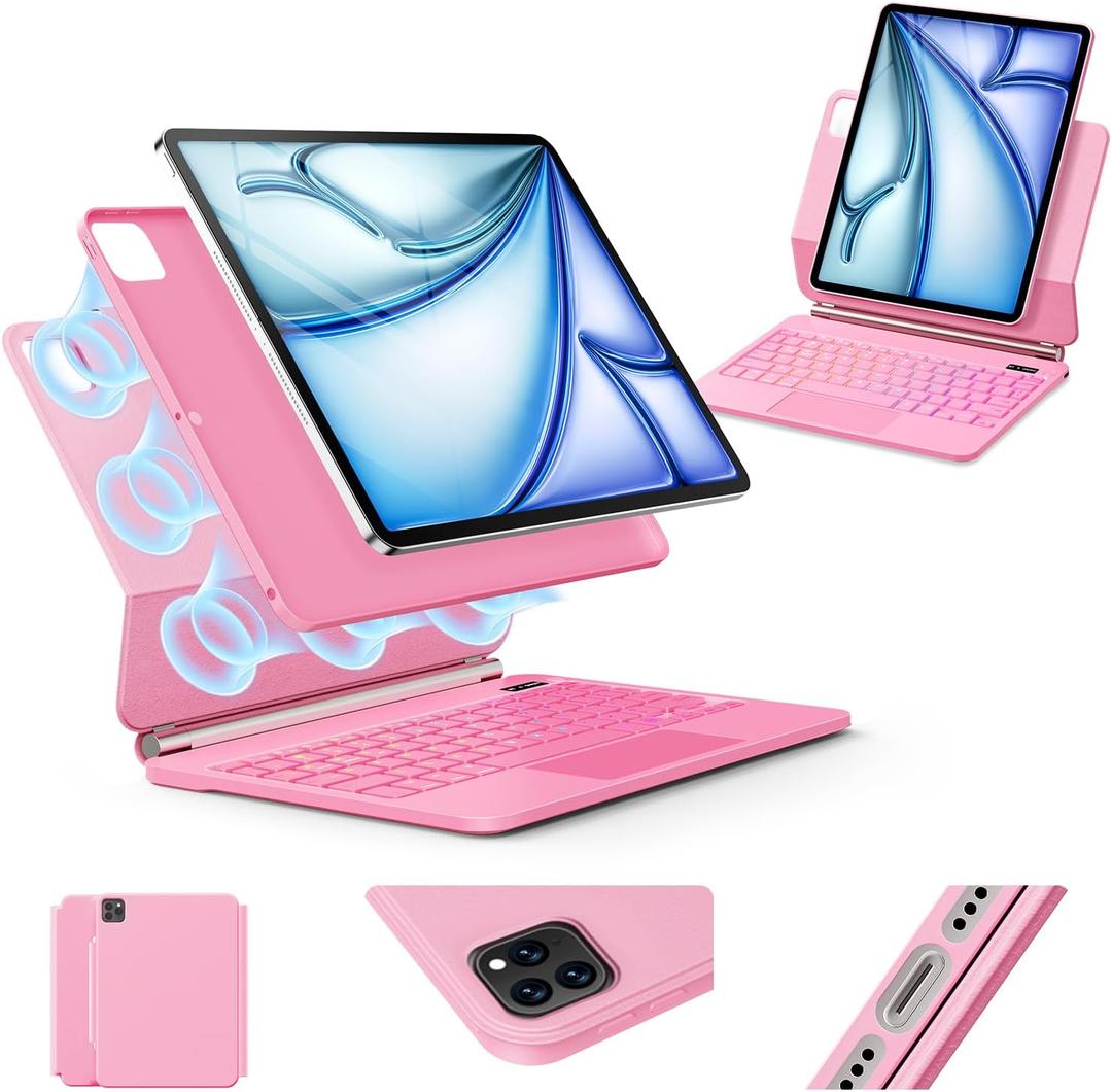 Keyboard Case for iPad Air 13 inch (M3 2025/M2, 2024),iPad Pro 12.9 inch (3/4/5/6th Gen)Easy-Set Magnetic Stand 7-Color Backlit - Removable Cases with Multi-Touch Trackpad Keyboard for Tablet (Pink)