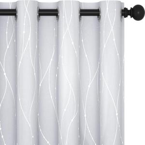 Deconovo Room Darkening Curtains, Greyish White Curtain, Thermal Insulated Noise Reduced Drapes, Silver Wave Dots Print, 52 x 63 Inch Long, Machine Washable Window Panels for Kitchen Bedroom, Set of 2