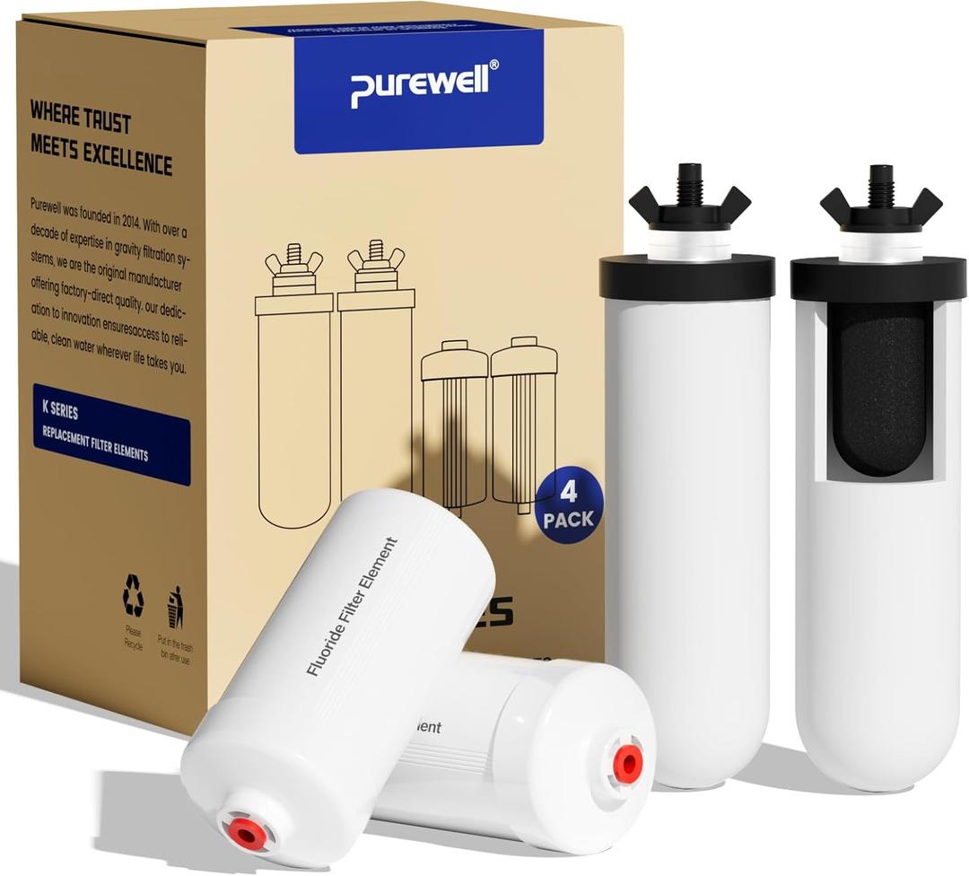 Purewell 8-Stage PF-4&FL-2 Purification Elements Set, Reduce Chlorine and Fluoride, Washable & Reusable, Replacement for ProOne, Berkey, Purewell Filters and Water Filter Systems (4 Pack, K Series)